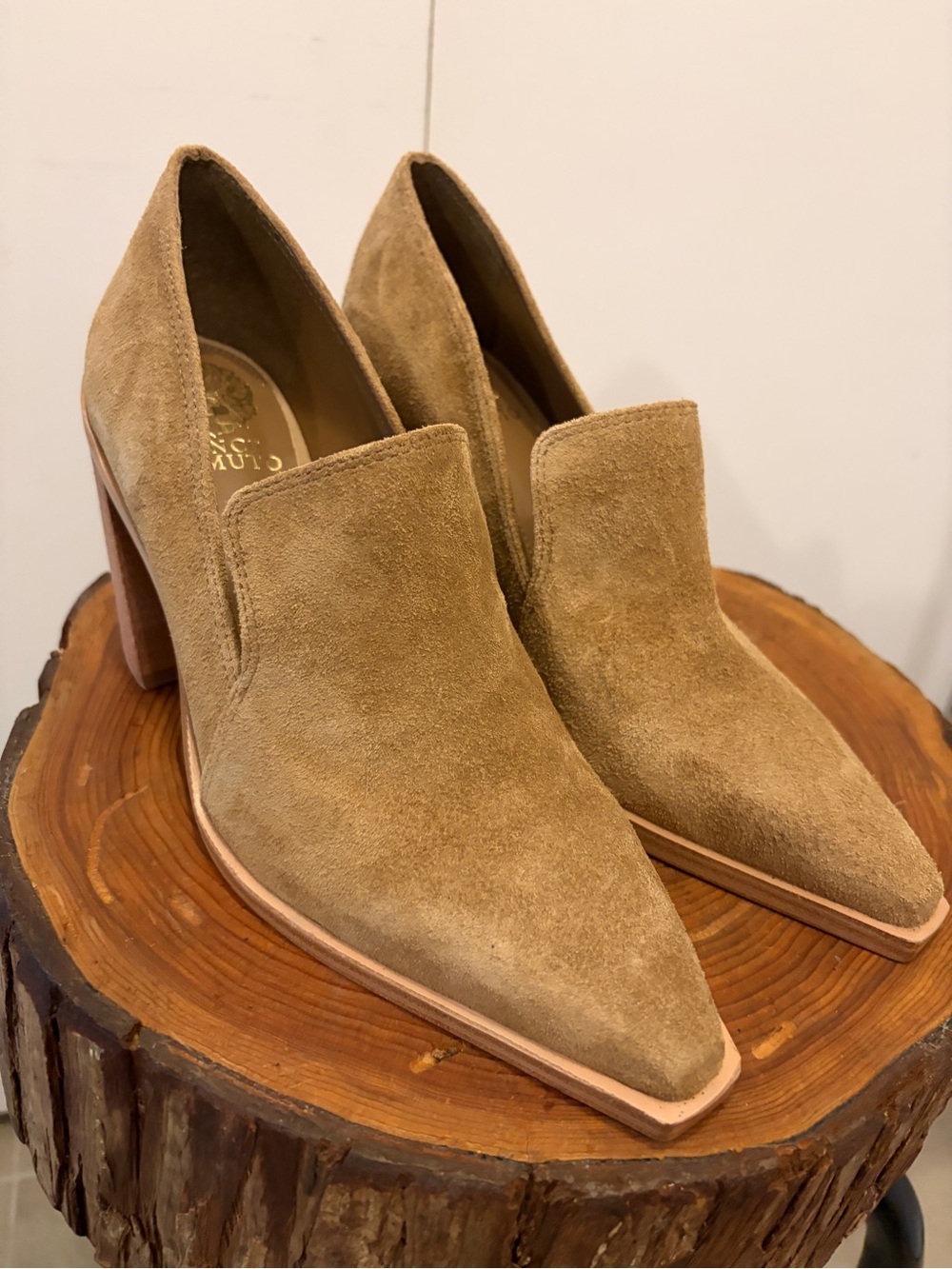 Vince Camuto Suede Pointed-Toe Block Heel Pumps - Camel